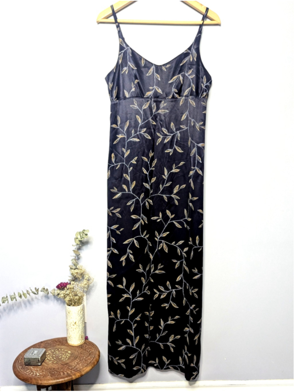 Vintage 90s Smart Set Satin Leaf Print Maxi Slip Dress - Made in Canada 11/12